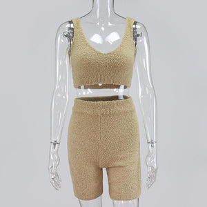 Cryptographic Fur Two Piece Outfits Sleeveless Crop Tops Women