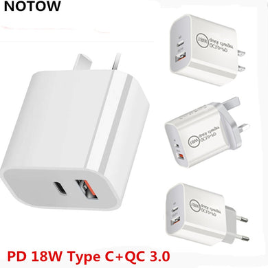 NOTOW 18W PD USB Type C Wall Charger Travel Power Adapter Quick Fast QC 3.0 Charger AU/US/EU/UK Plug  For iPhone for Samsung