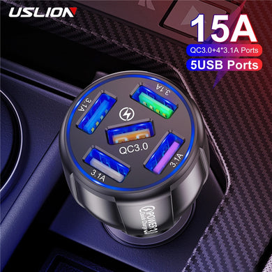 USLION 5 Port Fast Charging Car USB Charger For Xiaomi redmi note 10 pro Quick Charge 3.0 15A Charger Mobile Phone Charge in Car