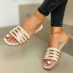 New 2022 Bling Metal Striped Slippers Women Summer Flat Shoes 2021 Fashion Slip On Slides Outdoor Female Casual Women&#39;s Sandals