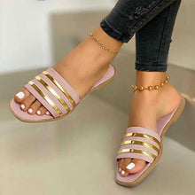 Load image into Gallery viewer, New 2022 Bling Metal Striped Slippers Women Summer Flat Shoes 2021 Fashion Slip On Slides Outdoor Female Casual Women&#39;s Sandals