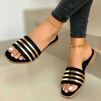 New 2022 Bling Metal Striped Slippers Women Summer Flat Shoes 2021 Fashion Slip On Slides Outdoor Female Casual Women's Sandals