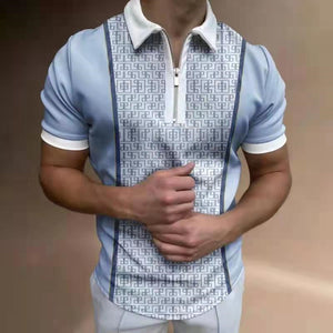 Summer Men&#39;s Polo Shirt Breathable Plaid Streetwear Fashion Patchwork Men Short Sleeve Casual Turn-down Collar Zipper Tops