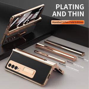 Touch Pen With 2 Pcs Hinge Protection Case for Samsung Galaxy Z Fold 3 2 5G Plating Pen Slot Kickstand Cover With Screen Glass