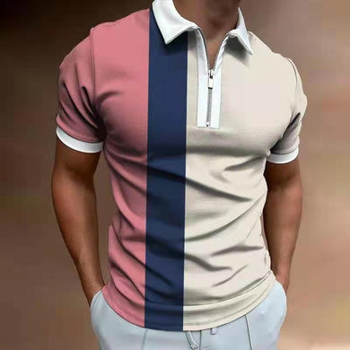 Summer Men's Polo Shirt Breathable Plaid Streetwear Fashion Patchwork Men Short Sleeve Casual Turn-down Collar Zipper Tops