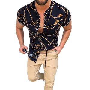 Nation Style Summer Man Shirt 2022 Mens Ethnic Printed Stand Collar Stripe Short Sleeve Loose Hawaiian Henley Casual Shirt ok01