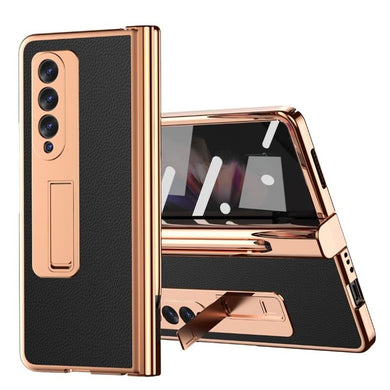Touch Pen With 2 Pcs Hinge Protection Case for Samsung Galaxy Z Fold 3 2 5G Plating Pen Slot Kickstand Cover With Screen Glass