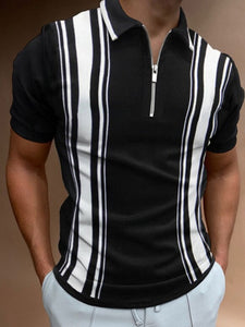 Men Slim Stripe Polo Shirt Summer Fashion Plaid Patchwork Short Sleeve Tops For Casual Men&#39;s Turn-down Collar Zip-up Polo Shirts