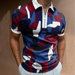 Men Slim Stripe Polo Shirt Summer Fashion Plaid Patchwork Short Sleeve Tops For Casual Men&#39;s Turn-down Collar Zip-up Polo Shirts