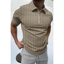 Load image into Gallery viewer, Men Slim Stripe Polo Shirt Summer Fashion Plaid Patchwork Short Sleeve Tops For Casual Men&#39;s Turn-down Collar Zip-up Polo Shirts