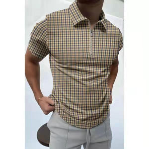 Men Slim Stripe Polo Shirt Summer Fashion Plaid Patchwork Short Sleeve Tops For Casual Men&#39;s Turn-down Collar Zip-up Polo Shirts