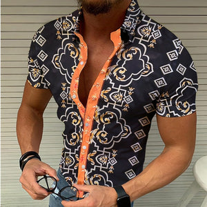 2022 Nation Style Summer Man Shirt Mens Ethnic Printed Stand Collar Short Sleeve Loose Hawaiian  Casual Shirt S-3XL