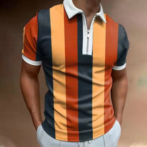 Men Slim Stripe Polo Shirt Summer Fashion Plaid Patchwork Short Sleeve Tops For Casual Men&#39;s Turn-down Collar Zip-up Polo Shirts