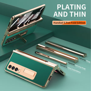 Touch Pen With 2 Pcs Hinge Protection Case for Samsung Galaxy Z Fold 3 2 5G Plating Pen Slot Kickstand Cover With Screen Glass