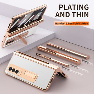 Touch Pen With 2 Pcs Hinge Protection Case for Samsung Galaxy Z Fold 3 2 5G Plating Pen Slot Kickstand Cover With Screen Glass
