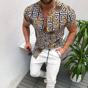 Nation Style Summer Man Shirt 2022 Mens Ethnic Printed Stand Collar Stripe Short Sleeve Loose Hawaiian Henley Casual Shirt ok01