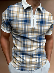 Men Slim Stripe Polo Shirt Summer Fashion Plaid Patchwork Short Sleeve Tops For Casual Men&#39;s Turn-down Collar Zip-up Polo Shirts