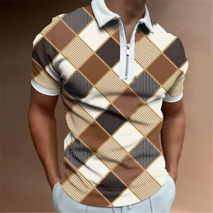 2022 New Summer High Quality Men Polo Shirts High Street Print Casual Short Sleeve Men Shirts Turn-Down Collar Zipper Polo Shirt