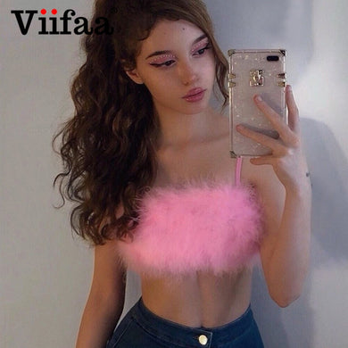 Viifaa Pink Faux Fur Sleeveless Rave Festival Party Cami Top Women Clothes Summer Spaghetti Strap Slim Fit Bustier Crop Tops