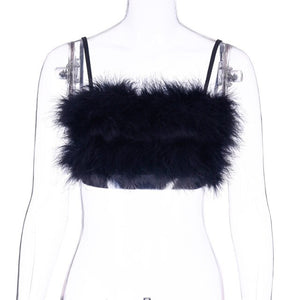 Viifaa Pink Faux Fur Sleeveless Rave Festival Party Cami Top Women Clothes Summer Spaghetti Strap Slim Fit Bustier Crop Tops