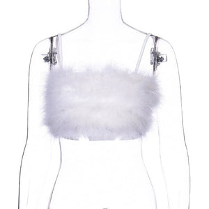 Viifaa Pink Faux Fur Sleeveless Rave Festival Party Cami Top Women Clothes Summer Spaghetti Strap Slim Fit Bustier Crop Tops