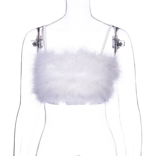 Viifaa Pink Faux Fur Sleeveless Rave Festival Party Cami Top Women Clothes Summer Spaghetti Strap Slim Fit Bustier Crop Tops