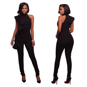 Ruffles Turtleneck Office Ladies Formal Long Jumpsuits Women Elegant Sleeveless Off Shoulder Overalls Slim Pencil Femme Jumpsuit