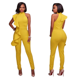 Ruffles Turtleneck Office Ladies Formal Long Jumpsuits Women Elegant Sleeveless Off Shoulder Overalls Slim Pencil Femme Jumpsuit