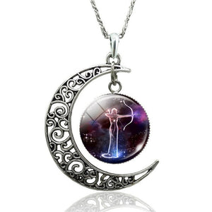 12 Constellation Necklace Zodiac Signs Cabochon Glass Crescent Moon Pendant Clavicle chain Necklace Birthday Gifts for Women