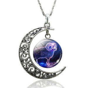 12 Constellation Necklace Zodiac Signs Cabochon Glass Crescent Moon Pendant Clavicle chain Necklace Birthday Gifts for Women