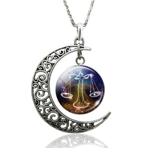 12 Constellation Necklace Zodiac Signs Cabochon Glass Crescent Moon Pendant Clavicle chain Necklace Birthday Gifts for Women