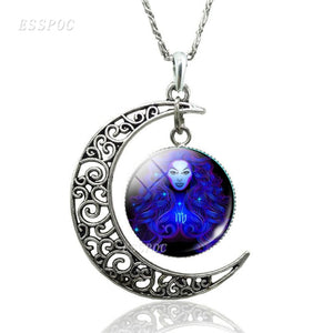 12 Constellation Necklace Zodiac Signs Cabochon Glass Crescent Moon Pendant Clavicle chain Necklace Birthday Gifts for Women