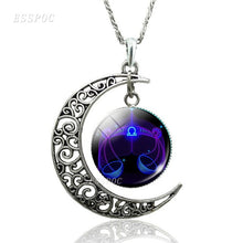 Load image into Gallery viewer, 12 Constellation Necklace Zodiac Signs Cabochon Glass Crescent Moon Pendant Clavicle chain Necklace Birthday Gifts for Women