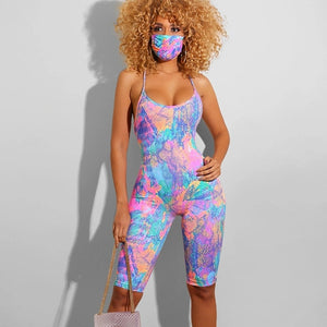 Tie Dyeing Print Backless Jumpsuit Rompers Trousers Clubwear 2020 New Sexy Women Sleeveless Strap Rompers Playsuit Summer Shorts