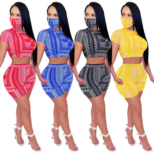 Cutubly Bandana Scarf Print Club Sexy Two Piece Set for Women Hollow Out With Mask Pants Set 2020 New Bandage Women 2 Pieces Set