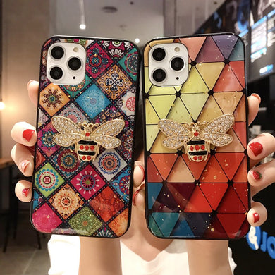 Diamond Bee Phone Case For iPhone 12 11 Pro Max 12 Mini XR X XS Max 6 6S 7 8 Plus SE 2020 Glitter Sequin Flower Grid Pattern