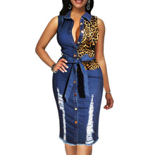 Load image into Gallery viewer, Leopard Patchwork Denim Midi Dress Women Sleeveless Turn Down Collar Office Lady Pencil Dresses Female Spring Summer Jeans Dress