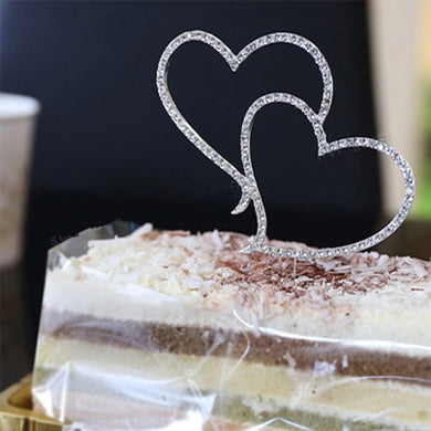 New Cake Topper Romantic Crystal Rhinestone Silver Double Heart Cake Topper Wedding Decoration New Year Decor