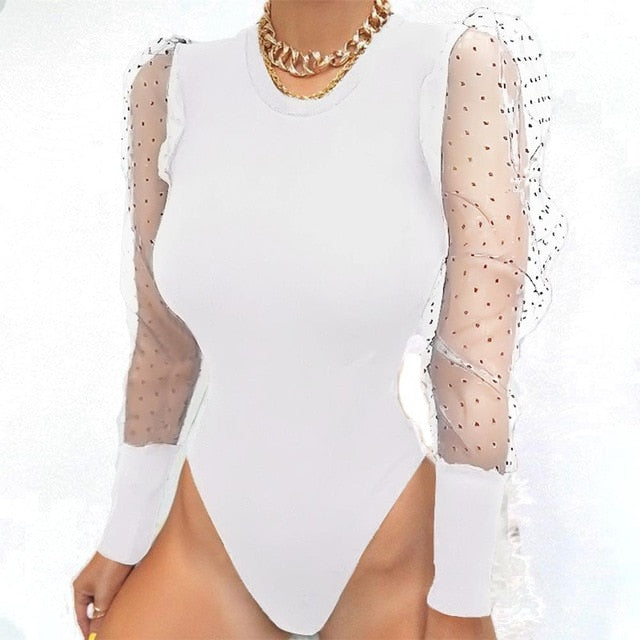 Mesh Puff Sleeve Elegant Bodysuits Tops Women Long sleeve Solid Bodycon Sexy Bodysuits Jumpsuit Vintage Club Body Top Femme