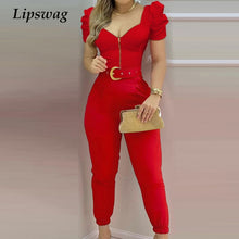Load image into Gallery viewer, Spring Puff Shoulder Zip Women Jumpsuit 2021 Summer Deep V Neck Short Sleeve Shirt Overalls Elegant Office Lady One Piece Romper