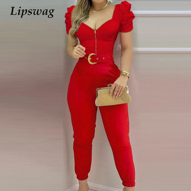 Spring Puff Shoulder Zip Women Jumpsuit 2021 Summer Deep V Neck Short Sleeve Shirt Overalls Elegant Office Lady One Piece Romper