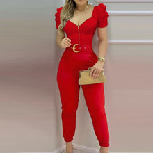 Load image into Gallery viewer, Spring Puff Shoulder Zip Women Jumpsuit 2021 Summer Deep V Neck Short Sleeve Shirt Overalls Elegant Office Lady One Piece Romper