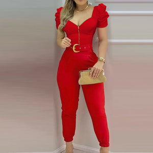 Spring Puff Shoulder Zip Women Jumpsuit 2021 Summer Deep V Neck Short Sleeve Shirt Overalls Elegant Office Lady One Piece Romper