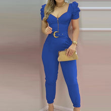 Load image into Gallery viewer, Spring Puff Shoulder Zip Women Jumpsuit 2021 Summer Deep V Neck Short Sleeve Shirt Overalls Elegant Office Lady One Piece Romper