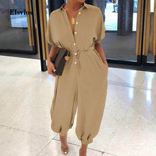 Load image into Gallery viewer, 2020 Sexy V-Neck Button Lace-Up Jumpsuit Summer Short Sleeve Loose Playsuit Overalls Women Elegant Leopard Print Pocket Rompers
