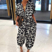 Load image into Gallery viewer, 2020 Sexy V-Neck Button Lace-Up Jumpsuit Summer Short Sleeve Loose Playsuit Overalls Women Elegant Leopard Print Pocket Rompers