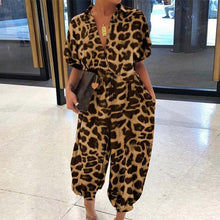 Load image into Gallery viewer, 2020 Sexy V-Neck Button Lace-Up Jumpsuit Summer Short Sleeve Loose Playsuit Overalls Women Elegant Leopard Print Pocket Rompers