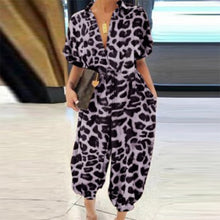 Load image into Gallery viewer, 2020 Sexy V-Neck Button Lace-Up Jumpsuit Summer Short Sleeve Loose Playsuit Overalls Women Elegant Leopard Print Pocket Rompers