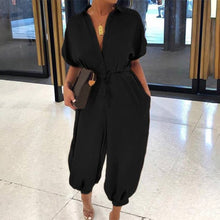 Load image into Gallery viewer, 2020 Sexy V-Neck Button Lace-Up Jumpsuit Summer Short Sleeve Loose Playsuit Overalls Women Elegant Leopard Print Pocket Rompers