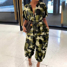 Load image into Gallery viewer, 2020 Sexy V-Neck Button Lace-Up Jumpsuit Summer Short Sleeve Loose Playsuit Overalls Women Elegant Leopard Print Pocket Rompers